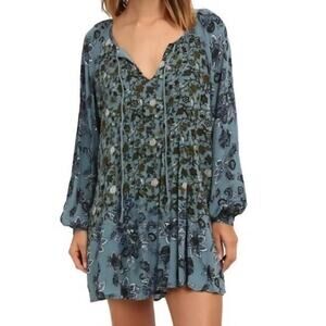 Free People Lucky Loosey Blue Floral Print Mini Tunic Dress Women's Size M